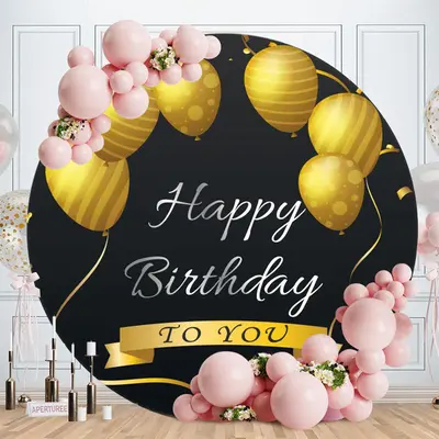 Aperturee Circle Black And Gold Ballons Birthday Backdrop