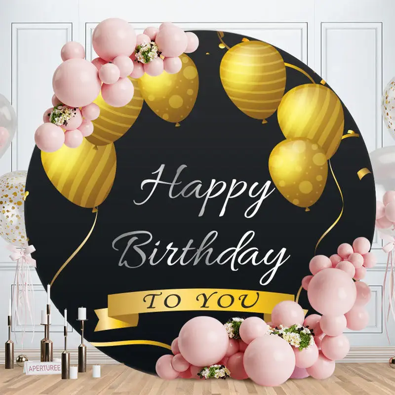 Aperturee Circle Black And Gold Ballons Birthday Backdrop