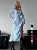 Women's Plain Lace Up Flounce Sleeve Dress, Elegant Square Neck Long Sleeve A Line Dress for Spring & Fall, Women's Longslee...