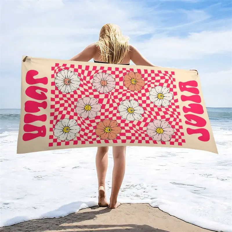 Floral Red Plaid Custom Name Beach Towel for Girl - Aperturee