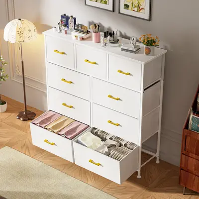 PhoenixHome Fabric Storage Tower with 9 Drawers, Bedroom Drawer Dresser Organizer, Chest of Drawers with Fabric Bins, Steel F...