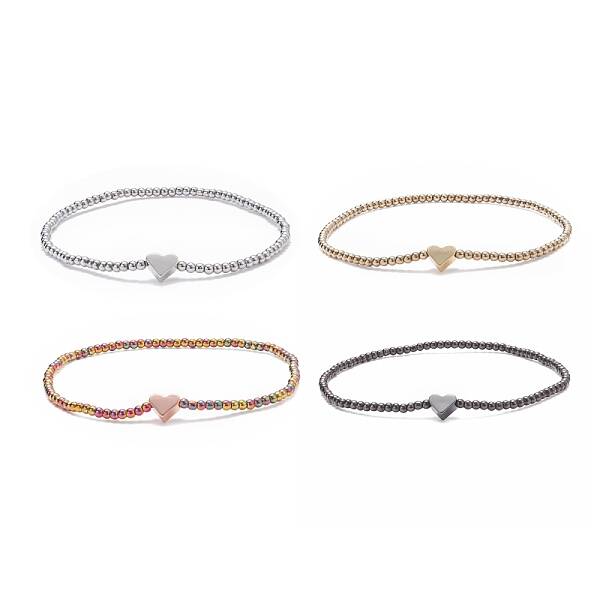 Glass Round Beaded Stretch Bracelet with Brass Heart for Women