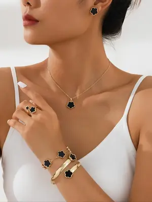 Flower Design Jewelry Set (6pcs), Including 1pc Necklace & 2pc Bracelet & 1pc Ring & 1 Pair Earring for Women & Girls, Simple...