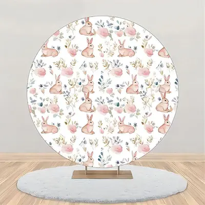 White Pink Bunny Greenery Round Birthday Backdrop - Aperturee