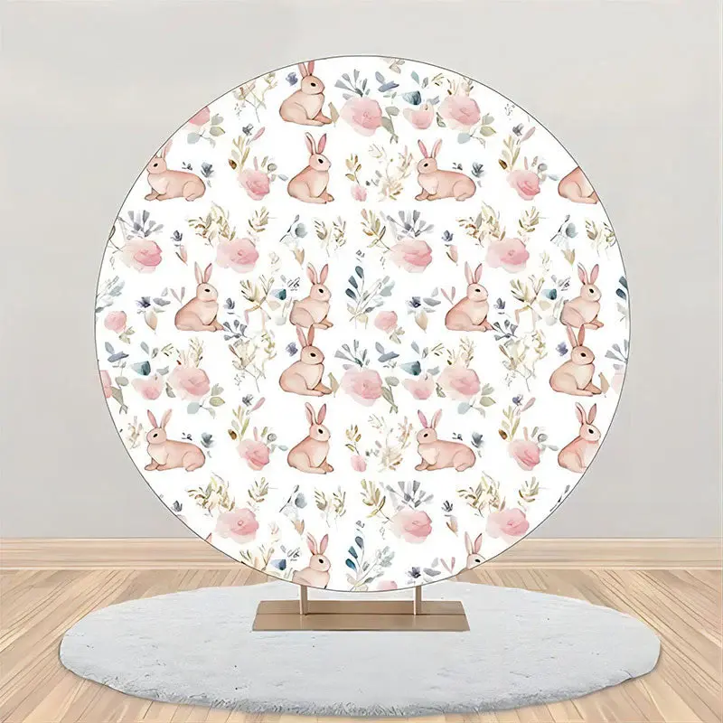White Pink Bunny Greenery Round Birthday Backdrop - Aperturee