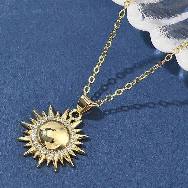Brass Micro Pave Clear Cubic Zirconia Sun Pendant Necklaces for Women