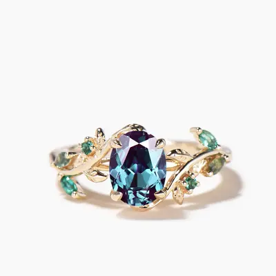 Oval Color-change Alexandrite Engagement Ring Emerald Nature Inspired Ring