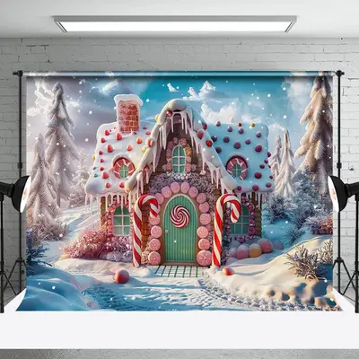 Aperturee Candy Gingerbread House Snowy Forest Photo Backdrop - Aperturee