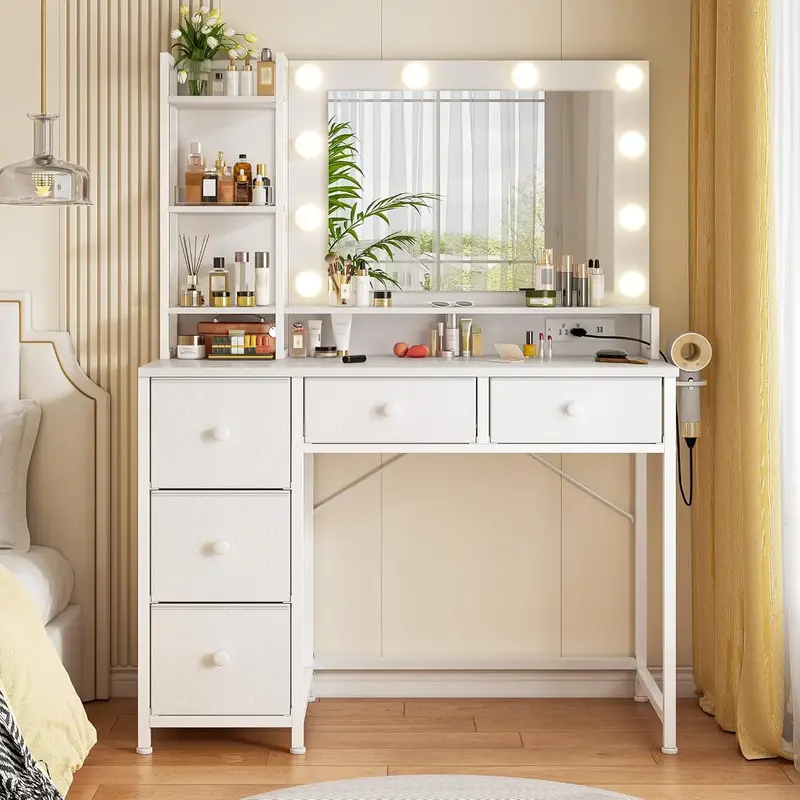 Raybee  Hollywood Vanity Desk with Mirror and Lights, Vanity Desk with 5 Fabric Drawers & Power Outlet, 3 Lighting Modes Adju...