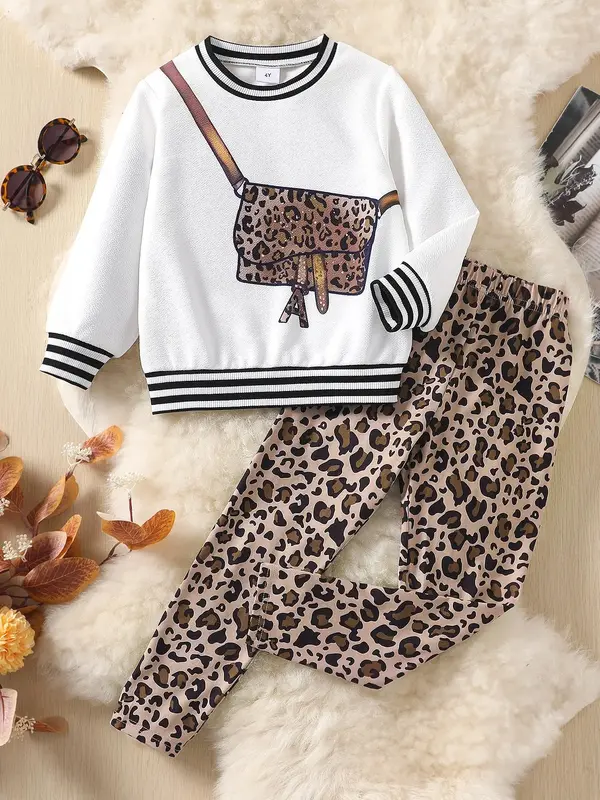 Two-piece Set Girl's Leopard & Striped Print Sweatshirt & Pants Set, Casual Round Neck Long Sleeve Pullover & Trousers, Kids ...