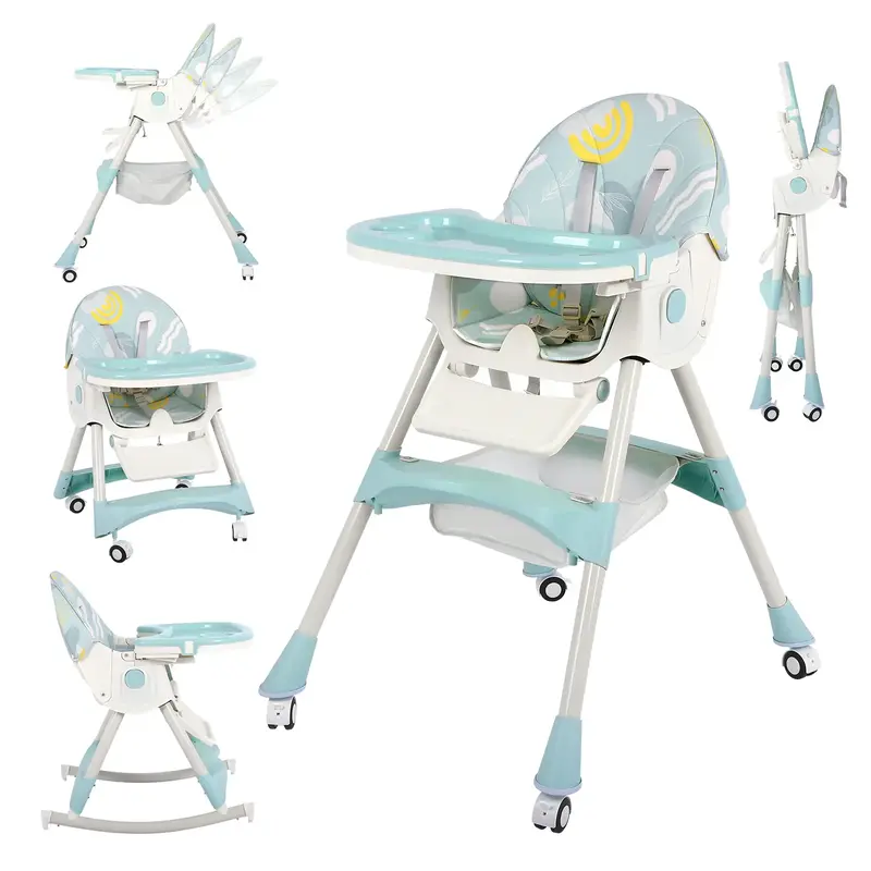 Foldable High Chair with Wheels,6-in-1 High Chairs for Babies and Toddlers, Compact Adjustable Folding Baby High Chair for In...