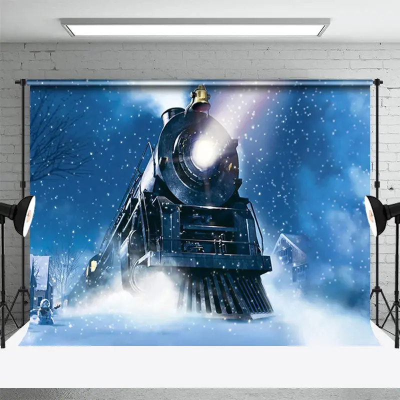 Steam Locomotive Light Snowy Winter Blue Backdrop - Aperturee