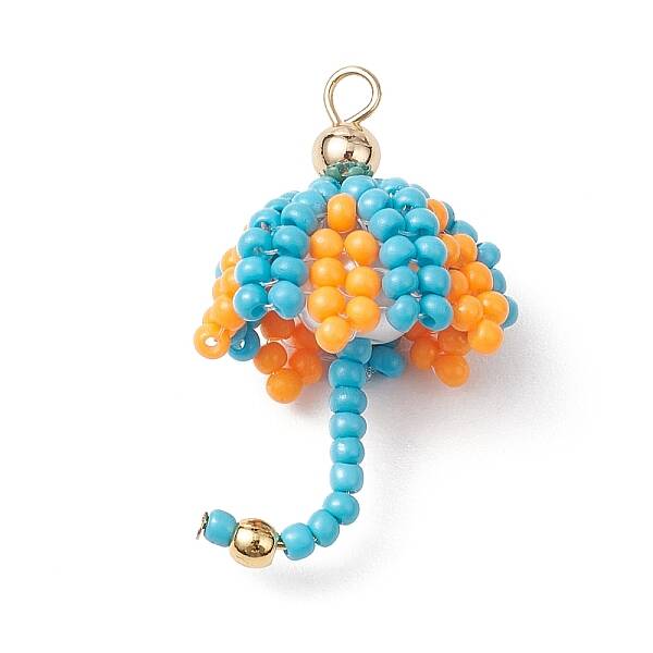 Handmade Umbrella Nylon Wired Glass Seed Beaded Pendants with Glass Pearl Round Bead and Brass Beads