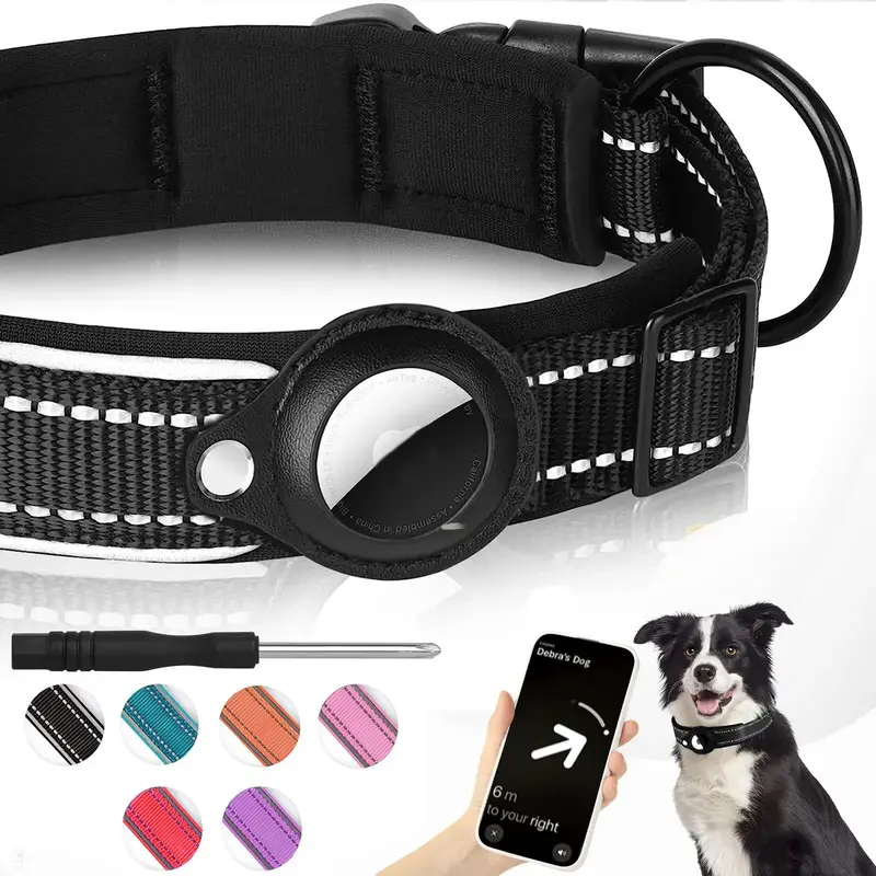 Portable Reflective Pet Collar with Air Tag Holder, 1 Count Adjustable Breathable Puppy Collar, Pet Supplies for Outdoor Walk...