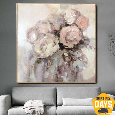 Original Flowers Paintings Canvas Neutral Palette Knife Art Roses Bouquet Painting Heavy Textured Art | ROSES BOUQUET 27.55&q...