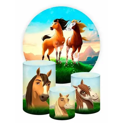 Aperturee Circle Cartoon Horse Rpund Birthday Party Backdrop Kit | Circle Party Backdrop | Circular Birthday Backdrop Cover |...