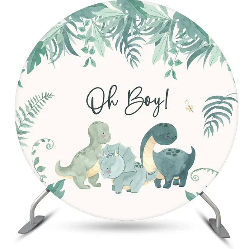 Aperturee Oh Boy Green Dinosaur Round Baby Shower Backdrop | Round Backdrop Baby Shower | Round Backdrop Fabric Cover | Custo...