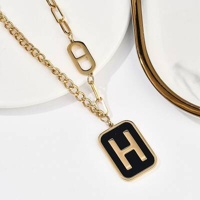 Ion Plating(IP) 304 Stainless Steel Black Enamel H Rectangle Pendant Twisted Chain Necklaces for Women