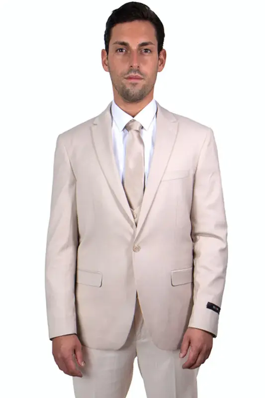 Men's Skinny Wedding Suit - One Button Peak Lapel with Lowcut Vest, Tan