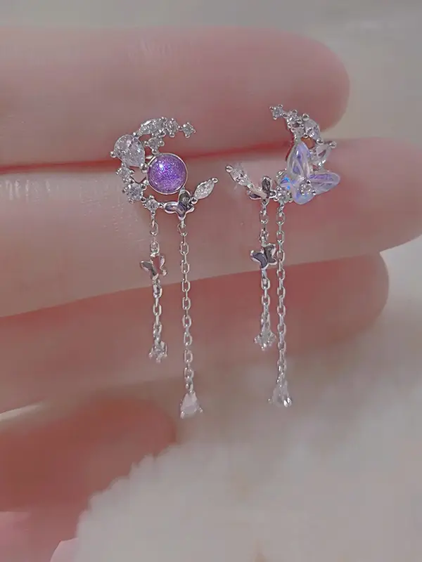 1 Pair Fashion Elegant Moon & Butterfly Design Dangle Earrings, Rhinestone & Tassel Decor Drop Earrings for Women for Gift, F...
