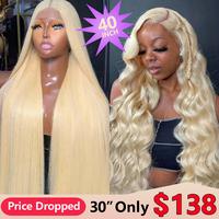 40 inch 13x6 Lace Frontal Wig Brazilian Human Hair PrePlucked Blonde 180% Density Straight Transparent Lace Front Wigs with B...