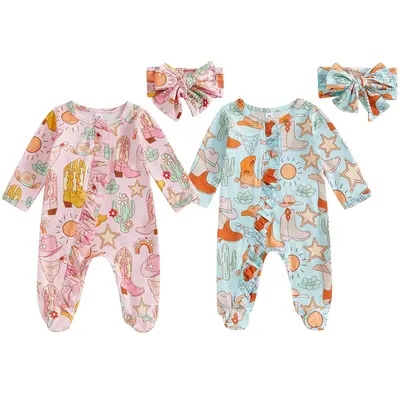 Western Boots Baby Cowgirl Clothes Ruffles Zipped One Piece Jumpsuit Footie Romper Pajamas Sleepwear Newborn Coming Home Outf...
