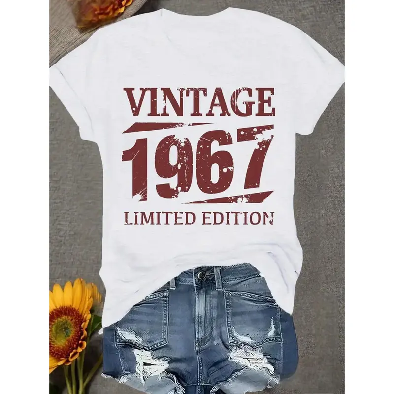 Women's Vintage 1967 Limited Edition Graphic T-Shirt - White Retro Tee with Drop Shoulder, Medium Stretch Crew Neck Casual Ev...