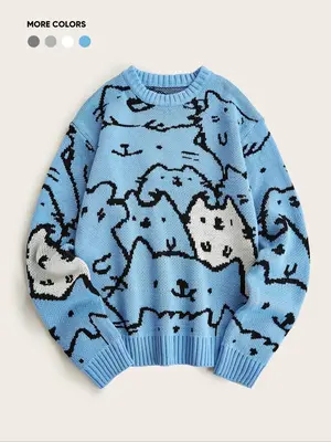 Men's Cartoon Cat Print Drop Shoulder Sweater, Fashion Casual Soft Comfy Regular Fit Long Sleeve Round Neck Jumper For Summ...