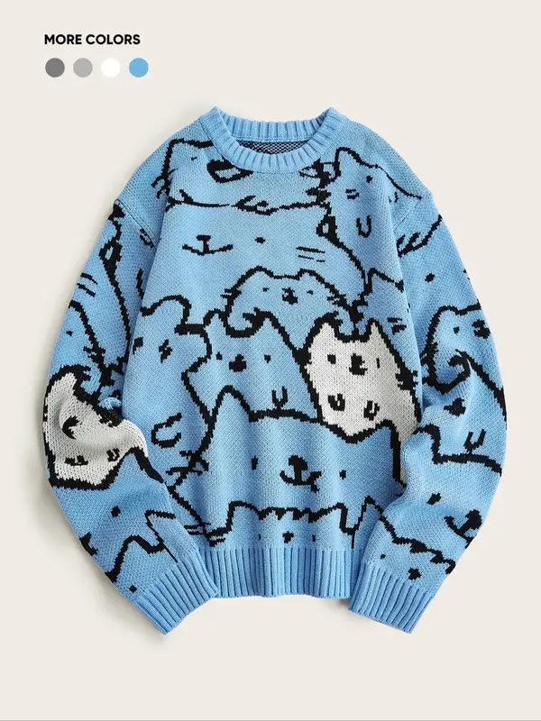 Men's Cartoon Cat Print Drop Shoulder Sweater, Fashion Casual Soft Comfy Regular Fit Long Sleeve Round Neck Jumper For Summ...