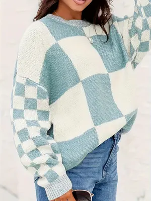 Plus Vintage Plaid Print Drop Shoulder Sweater, Casual Long Sleeve Round Neck Jumper for Fall & Winter, Women's Plus Size Kni...