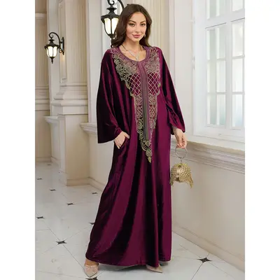 Elegant Burgundy Embroidered Long Sleeve Kaftan Dress - Middle Eastern Style, Loose Fit Maxi Jalabiya with Floral Patterns, P...