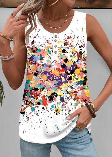 Modlily White Button Dazzle Colorful Print Sleeveless Tank Top - M