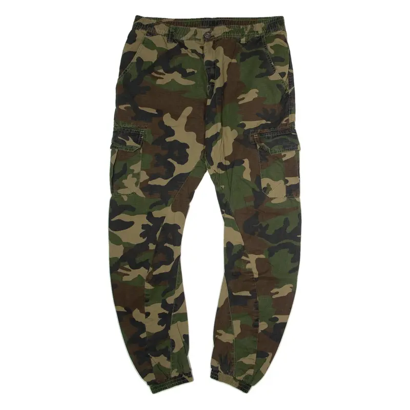 URBAN CLASSICS Cuffed Camouflage Cargo Mens Canvas Trousers Green Tapered W36 L28