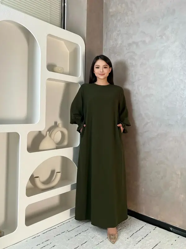 Women's Plain Flounce Sleeve Shirred Boat Neck Arabian Dress, Summer Outfits 2024, Elegant Long Sleeve Dress for Spring & Fal...