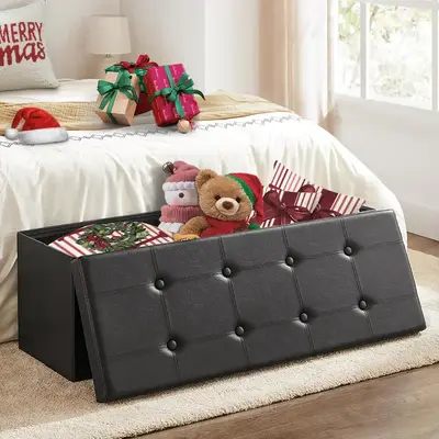15-43inch Folding Storage Ottoman, Storage Chest, Footrest, Coffee Table, Padded Seat, End of Bed Bench, Faux Leather Seat Fo...