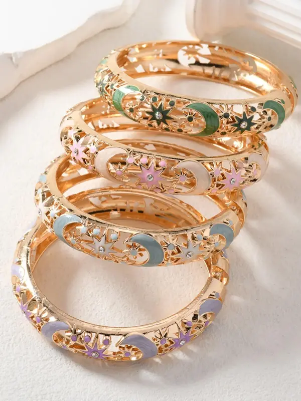 Hollow Out Moon & Star Design Cuff Bangle, Fashionable Artificial Crystal Decor Jewelry for Women, Elegant All-match Fashion ...