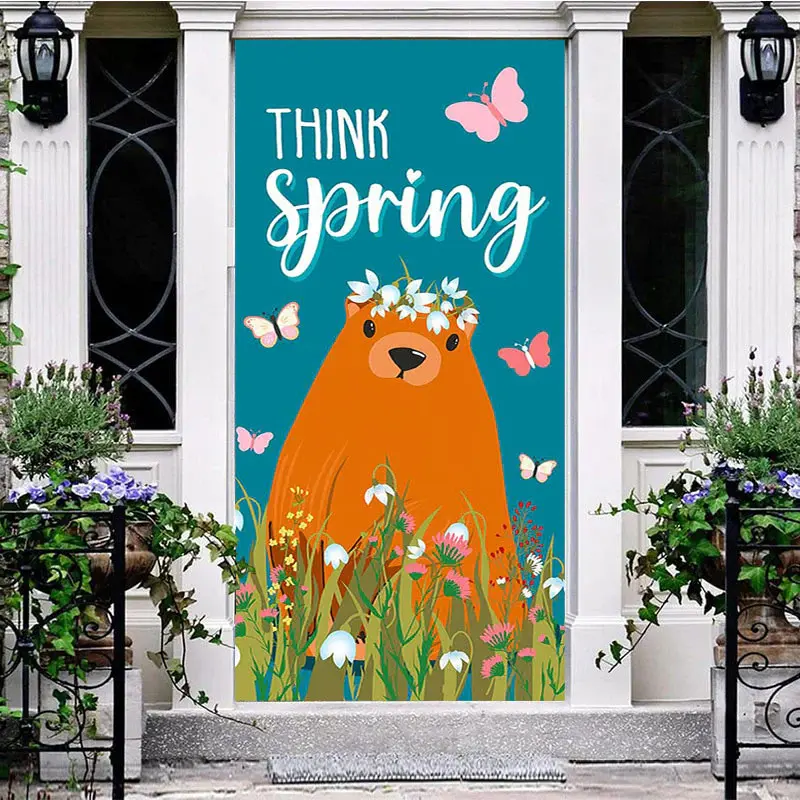 Teal Think Spring Butterfly Groundhog Day Door Cover - Aperturee