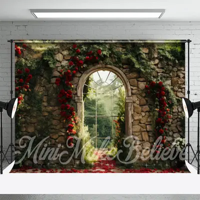 Arched Glass Window Stone Floral Spring Backdrop - Aperturee
