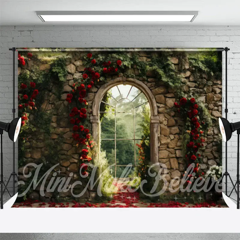 Arched Glass Window Stone Floral Spring Backdrop - Aperturee