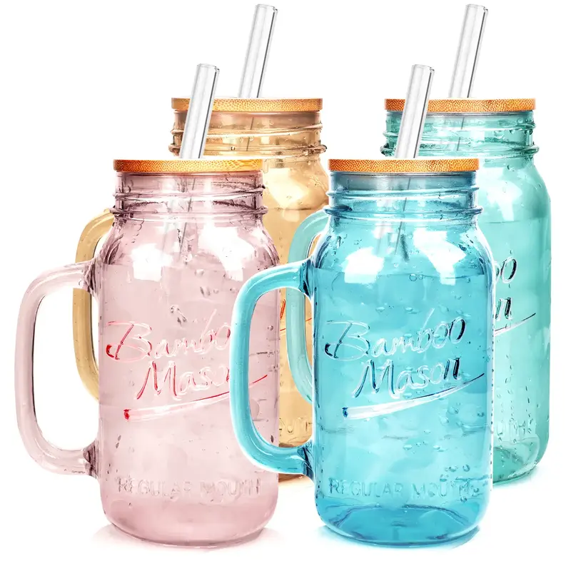 Colorful Mason Jar Drinking Set with Handle- 4 Vibrant Glass Cups with Lids and Straws, Perfect for Iced Coffee, Smoothies,Re...