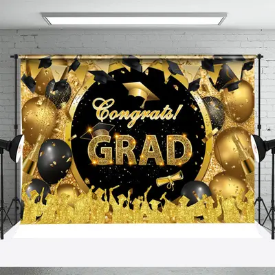 Congrats Black Gold Balloons Graduation Backdrop - Aperturee
