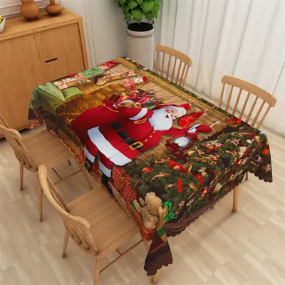 Santa Christmas Tree Wood Fabric Dining Tablecloth - Aperturee