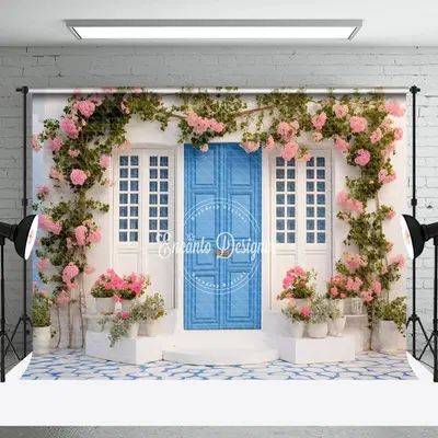 Blue Door Floral Leaf Spring Backdrop For Photograph - Aperturee
