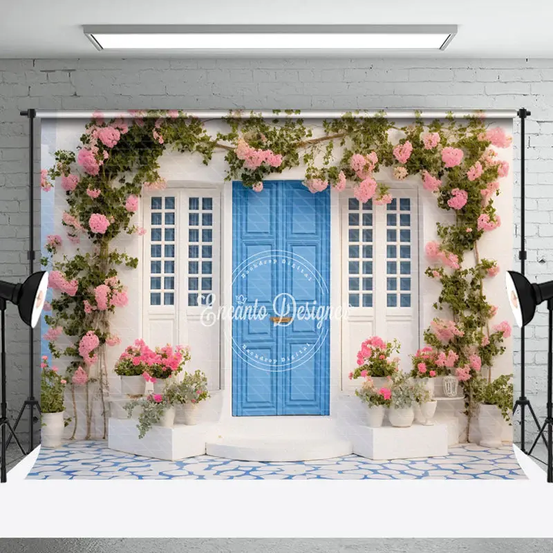 Blue Door Floral Leaf Spring Backdrop For Photograph - Aperturee