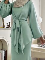 Two-piece Set Women's Plain Lantern Sleeve Asymmetrical Hem Belted Abaya & Tank Dress Islamic Set, Modesty Casual Two Piece M...