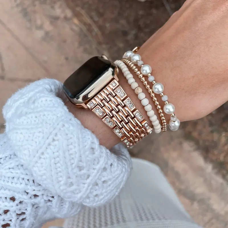 Luxury Cubic Zirconia Stainless Steel Strap for Apple Watch – Adjustable Metal Jewelry Band in Rose Gold, Silver, Gold, or ...
