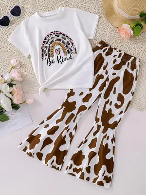 Two-Piece Set Girl's Letter Graphic Short Sleeve Tee & Cow Print Flare Leg Pants Set, Casual Round Neck T-Shirt & Elastic Wa...