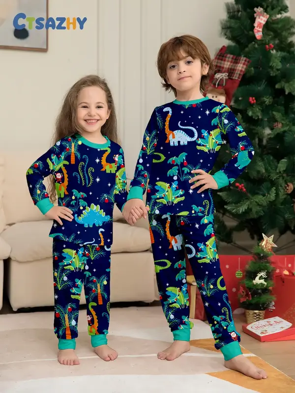 Long Sleeve Pajama Set, Dinosaur Print Pants, Casual Fall & Winter Home Wear, Comfortable Holiday Sleepwear, 2 Piece Set