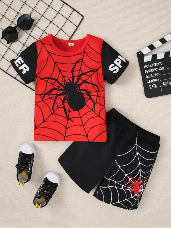Two-piece Set Toddler Boy's Spider Print Short Sleeve Tee & Shorts, Casual Round Neck T-shirt & Shorts, Summer Clothes for K...