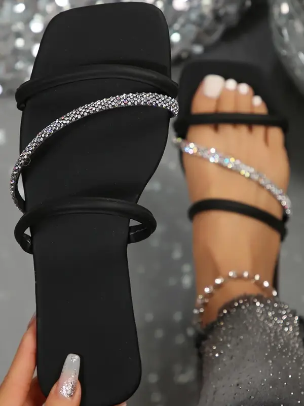 Women's Elegant Rhinestone Decorated Slip on Flat Sandals, French Style Open Toe Sandals, Fashionable Sandals for Beach Vacat...